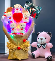 Kişiye Özel Fotoğraflı Led Işıklı Buket ve Peluş Ayıcık Anahtarlık (Model 4)