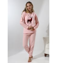 Fawn 5016 Peluş Welsoft Polar Kışlık Yumoş Geyikli Kadın Pijama Takımı (Toz Pembe)
