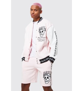 Unisex Oversize Pembe Kabaran Baskılı Bomber Kolej Ceket