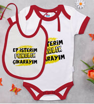 BK Kids Ep İsterim Tasarımlı Kırmızı Bebek Body Zıbın ve Mama Önlüğü Hediye Seti-6