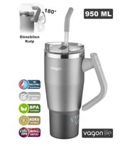 Vagonlife Rotate Handle Tumbler Cup 0.94ML/34oz Pipetli/Rahat İçim Vakumlu Paslanmaz Çelik Termos-FFVGN1007-950ML (Gümüş)