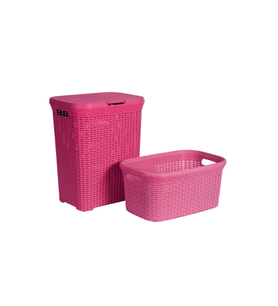 2'li Set Hasır Desenli Plastik Pembe Çamaşır Sepeti & Pembe Çamaşır Selesi