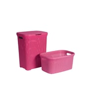 2'li Set Hasır Desenli Plastik Pembe Çamaşır Sepeti & Pembe Çamaşır Selesi