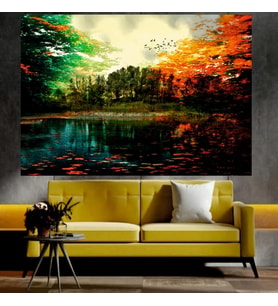 Göl ve Renkli Ağaçlar Manzaralı Sanatsal Dekoratif Duvar Tablosu (70x100 cm)