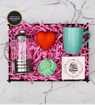 French Press, Kırmızı Kalp Led Işık, Mum, Masa Çiçeği, Kupa, Taş Bardak Altı Hediye Kutusu 