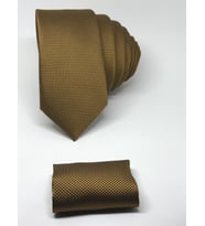 Bakır Renk Mendilli Slim Fit Oxford Kuş Gözü Desen Kravat