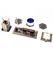 Retro Gold Kalemli Ataçlı Ahşap Masa İsimliği Bardak Altlığı Kalemlik Notluk İsimlik Masa Seti