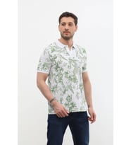 Erkek Polo Yaka Orman Desenli %100 Pamuk Tişört (Beyaz)