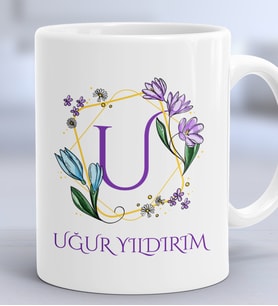 Kişiye Özel Çiçekli U Harfli Hediye Kupa Bardak İsim Soyisim Yazılı (Beyaz)
