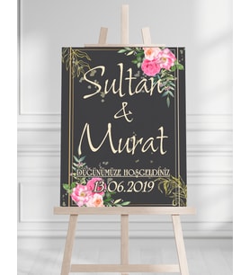 Söz Nişan Düğün İçin 50x70 Karşılama Panosu - Renkli Çiçek ve Siyah Tasarımlı