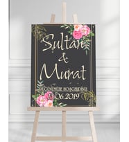 Söz Nişan Düğün İçin 50x70 Karşılama Panosu - Renkli Çiçek ve Siyah Tasarımlı