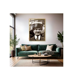Mustafa Kemal Atatürk Siyah Beyaz Tablo Metal Çerçeveli Cam Tablo Modeli Hd Baskı Duvar Tablosu (Altın)