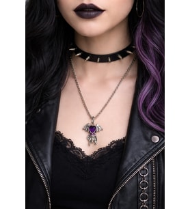 Gotik Kuru Kafa Mor Kalp Detaylı Kanatlı Kolye Gümüş Renk Unisex