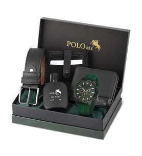 Polo Air Spor Erkek Kol Saati Cüzdan Kemer Kartlık Parfüm Kombin Yeşil Siyah Renk PL-0986E5 (Siyah-Yeşil)