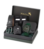 Polo Air Spor Erkek Kol Saati Cüzdan Kemer Kartlık Parfüm Kombin Yeşil Siyah Renk PL-0986E5 (Siyah-Yeşil)