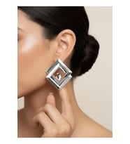 Çift Kare Model İçiçe Spiral Silver Gümüş Renk Küpe 5cm