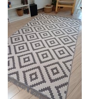 Çift Taraflı Kilim Modern Desenli Yıkanabilir Pamuklu Dokuma Kilim Yolluk (Beyaz-Gri)