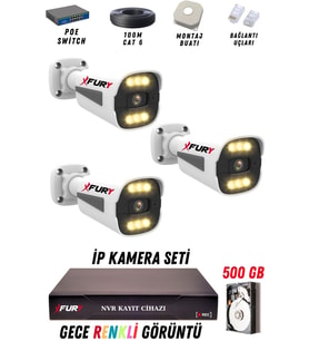 FURY 3 Kameralı Ip Güvenlik Kamerası Seti 4mp Gece Renkli Su Geçirmez 1506 500GB