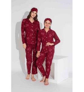 Yeni Sezon Sonbahar/Kış Kız Çocuk Ayıcık Desenli Süet Pijama Takımı 2724-9 Bordo