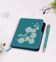 BK Gift Kişiye Özel Papatya Temalı Turkuaz Termo Deri Defter Kalem Seti-1