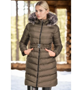 Dewberry Kadın %100 Polyester Kürklü Kapüşonlu Kaban Düz Haki Z6690 Katmanlı Kombin, Kazak ve Gömlek Kombini