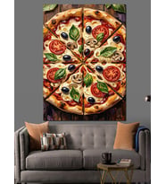 Dilimlenmiş Bol Malzemeli Nefis Pizza Dekoratif Kanvas - Mdf Ahşap Tablo