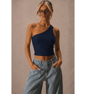 Kadın Tek Omuz Crop Atlet Esnek Slim Fit Süprem Kumaş Asimetrik Yaka Bluz