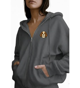 Kadın Cavalier King Charles Spaniel Baskılı Oversize Fermuarlı Hoodie (Gri)