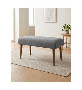 Gri Keten Kumaş Bench Puf 90x45x46 cm Ahşap Ceviz Ayaklı Modern