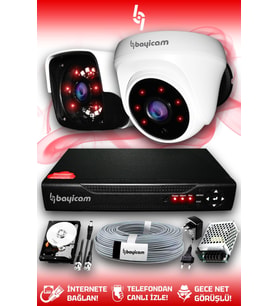 BAYICAM 2 Kameralı Panda 1 İç Kamera Set 250 GB HDD Full HD Gece Görüşlü Güvenlik Kamerası Sistemi