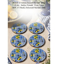 Motifli ve Limon Desenli Bardak Altlığı 6'lı Set – Sicilya Temalı - 9 cm, 3 mm MDF, UV Baskı, Dekoratif Bardak Altlık