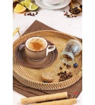 Modern Bohem Rattan Kulplu Hasır Tepsi, Çay Kahve Sunum Tepsisi, Çok Amaçlı Dekoratif Tepsi 28cm (Kahverengi)
