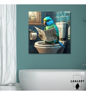 Tekli Kare Kanvas Banyo Tablosu Gazete Okuyan Mavi Papağan
