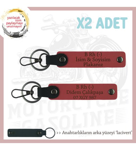 Motor Severlere Özel, İsim Plaka ve B Rh (-) Kan Grubu Yazılı Deri x2 Anahtarlık, Nar Çiçeği-Laci (Çok Renkli)