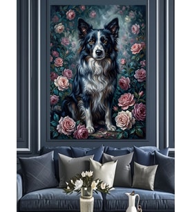 Çiçekli Bahçede Oturan Border Collie Dekoratif Kanvas - Mdf Ahşap Tablo