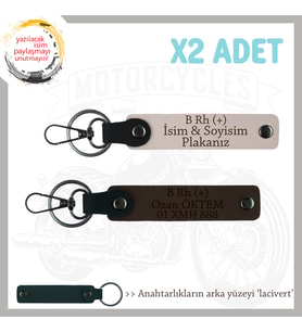 Motosiklet Severlere Özel, İsim Plaka ve B Rh (+) Kan Grubu Yazılı x2 Anahtarlık, Pudra-K Kahve-Laci