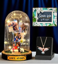 Premium Hediye Seti - Sizlere Özel Led Işıklı Fanus ve Renkli Zümrüdü Anka Kuşu Kolyesi (Model 10)