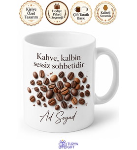 Kahve Çekirdeği Desenli Kahve Aşıkları İçin İsme Özel Kupa Bardak Hediye