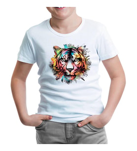 Colorful Tiger Head Beyaz Çocuk Tshirt
