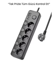 5 Priz + 4 USB (2 Type-C) Akım Korumalı Anahtarlı Uzatma Kablosu – 2 Metre