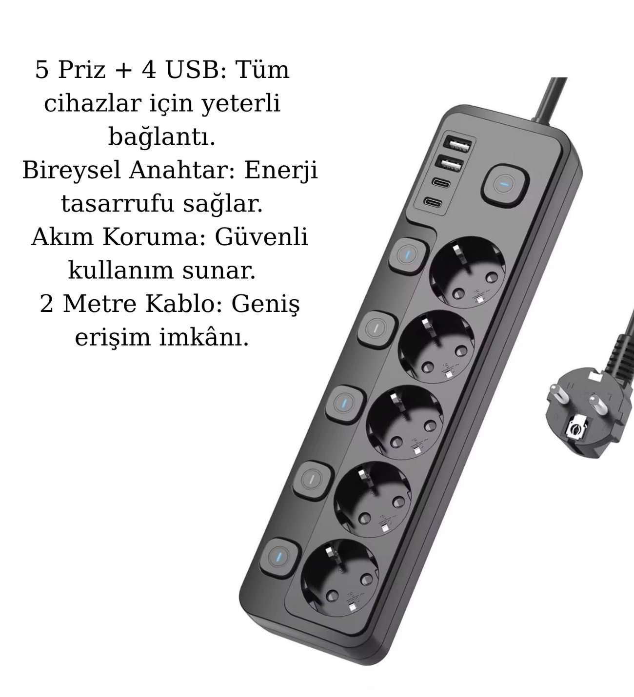 5 Priz + 4 USB (2 Type-C) Akım Korumalı Anahtarlı Uzatma Kablosu