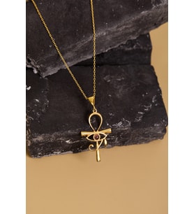 925 Ayar Gümüş Erkek Ankh + Ra Sembollü Gold Kaplama Kolye