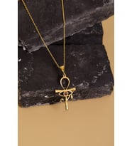 925 Ayar Gümüş Erkek Ankh + Ra Sembollü Gold Kaplama Kolye