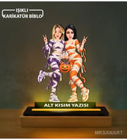Kişiye Özel Arkadaş Şeker Kovasıyla İki Karikatürlü 14 cm MDF Işıklı Biblo - Arkadaşa Hediye Arkadaşa Doğum Günü Hediyesi