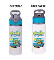Sunger Bobbb Baskılı Mavi Pipetli Metal Suluk-650ml. (Pudra-Ekru)