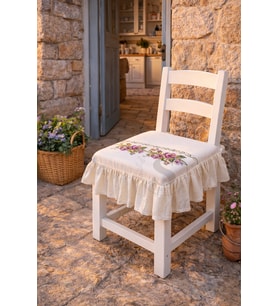 Romantik Ege MOR GÜL KANAVİÇE Nakışlı Fırfırlı Sandalye Minderi