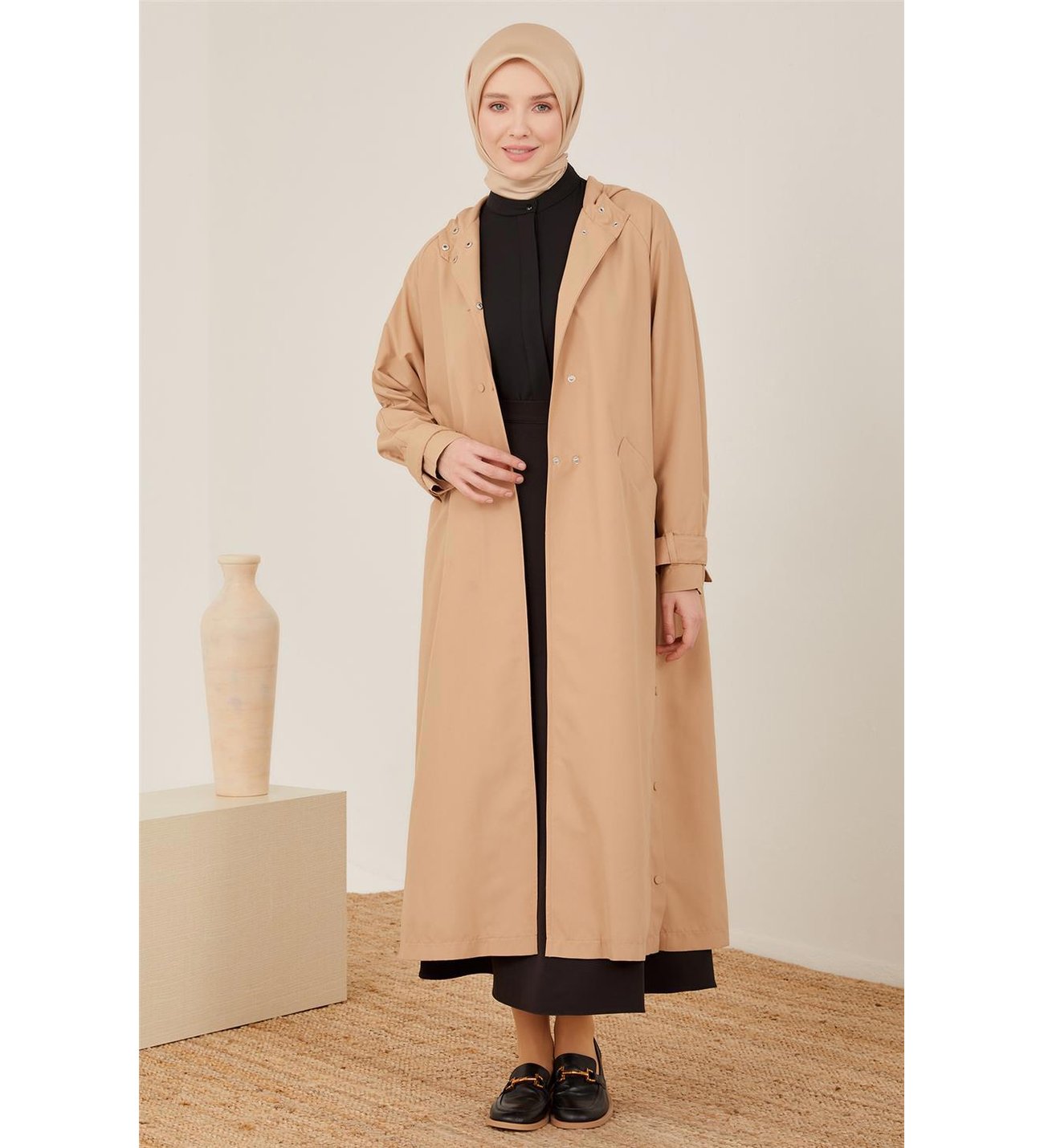 Armine Yırtmacı Çıtçıtlı Uzun Kap 23Y7017 Camel
