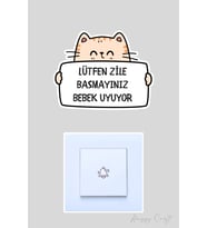Lütfen Zile Basmayınız Bebek Uyuyor Şirin Kedi Sticker Kapı Zili Etiketi