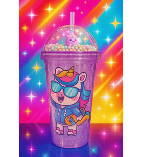 Unicorn Temalı Suluk Pipetli Buzlu Cam Görünümlü 450 ML Çift Katman Mika Su Şişesi 2646 Mor