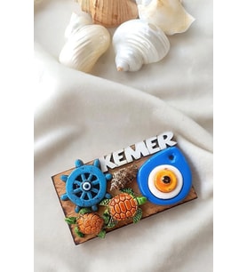 Kemer Yazılı Nazar Çapa Kaplumbağa Deniz Kabuğu Ahşap Mıknatıslı Magnet Buzdolabı Süsü